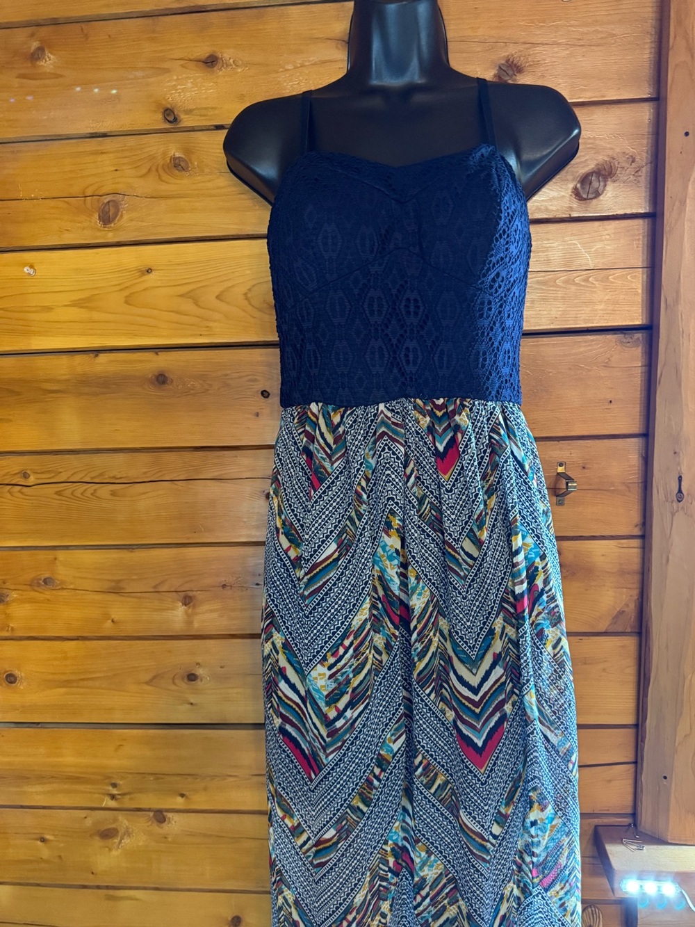 Lily Rose Mixed Media Maxi Dress Navy Blue Lace Bodice Geometric Chevron Ikat - Picture 3 of 9